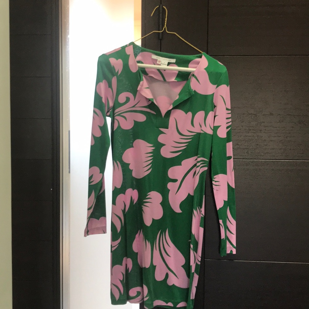 DVF Green & Pink Floral Long Sleeve Jersey Dress